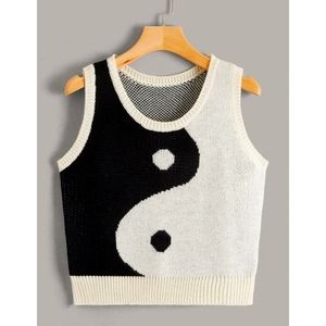 Y2K 90s Yin Yang Style Sweater Vest Black White Sleeveless Round Neck S, M, XL